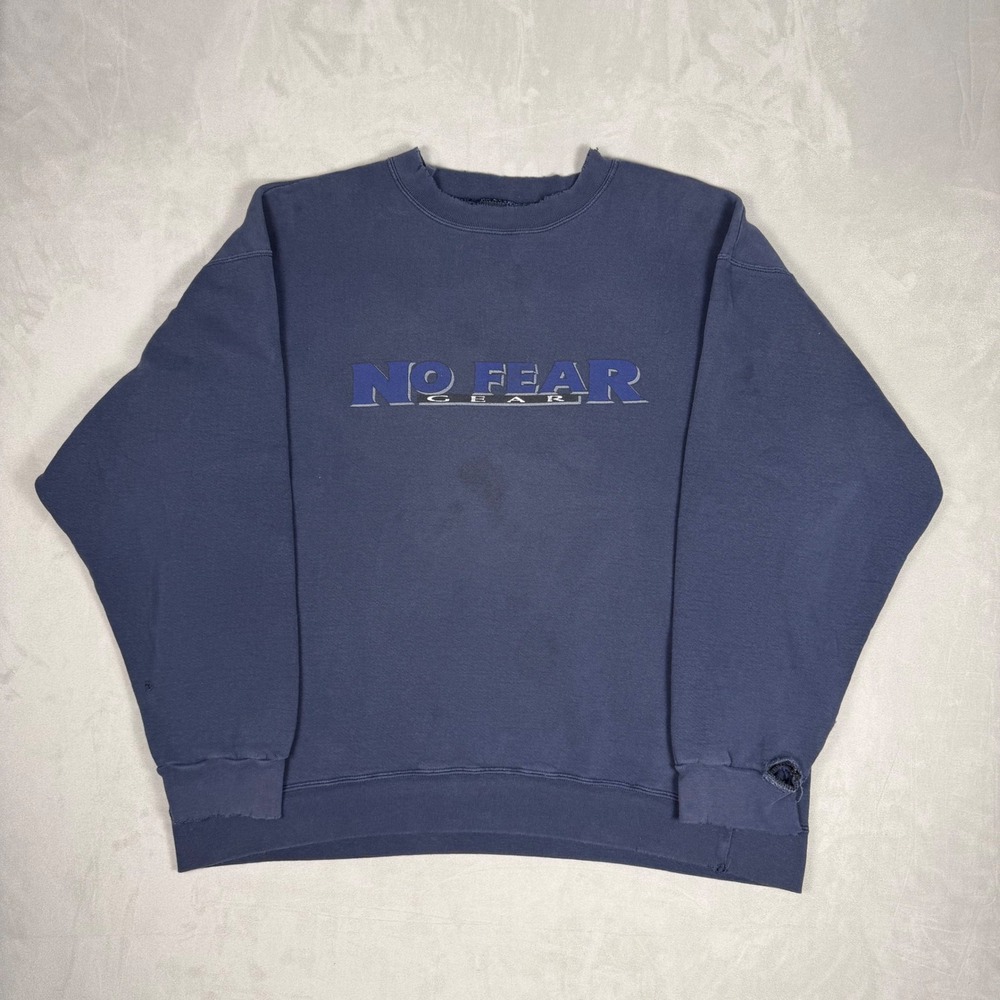 90s Men No Fear Gear Distressed Embroidered Logo Sweatshirt XL